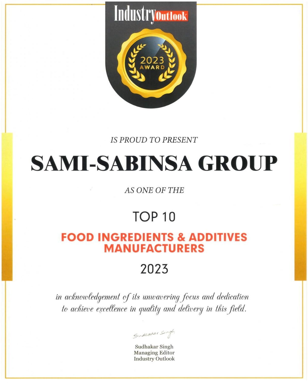 Industry Outlook names Sami-Sabinsa Group as one of the Top 10 Food Ingredient & Additive Manufacturers for 2023