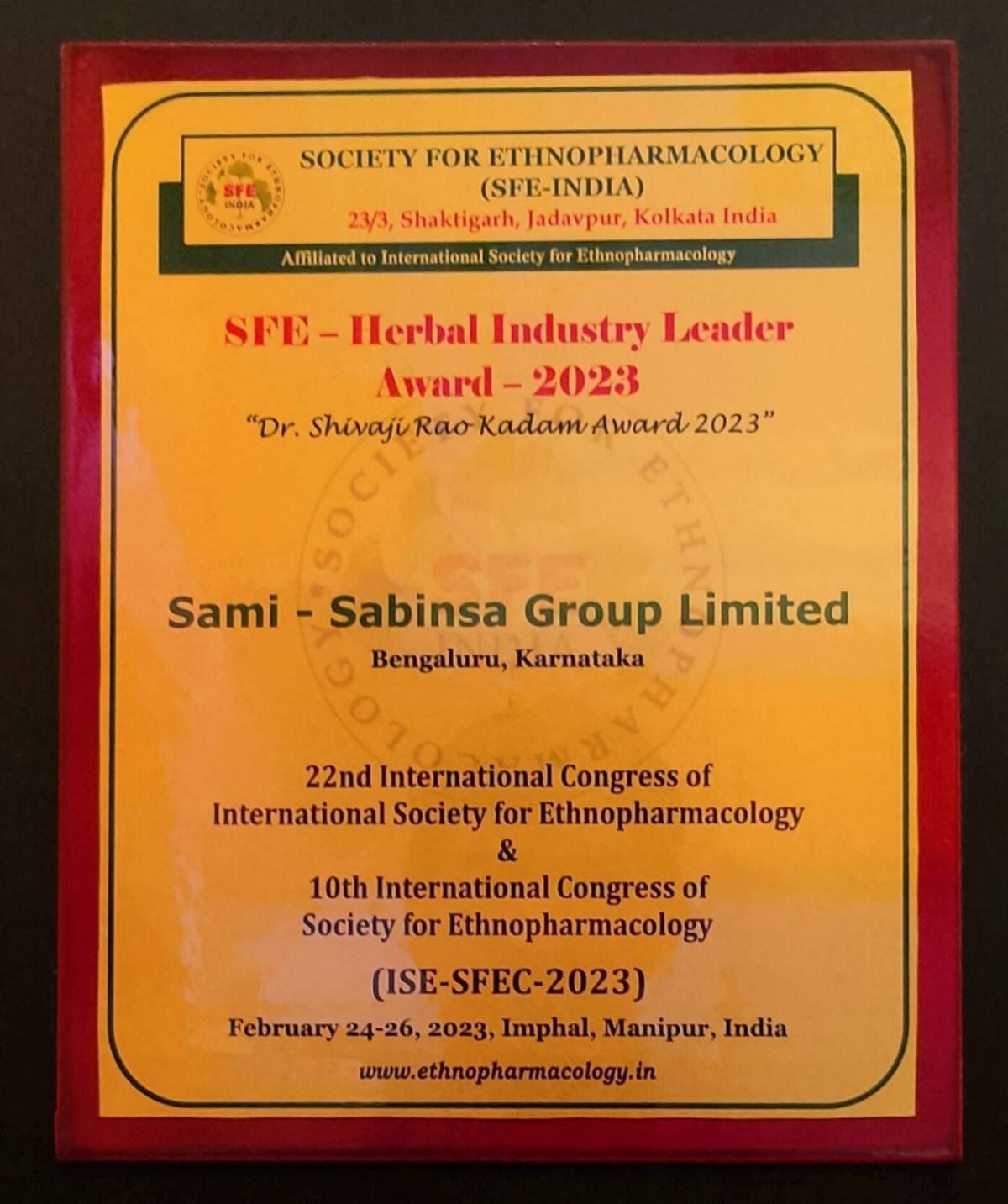 Sami-Sabinsa Group Bags SFE – Herbal Industry Leader Award – 2023