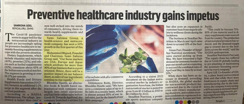 News Story in Deccan Herald on June 15, 2020 about ‘ Preventive Healthcare Industry Gains Impetus’ in which Dr. Muhammed Majeed, Founder and Chairman, Sami-Sabinsa Group was quoted